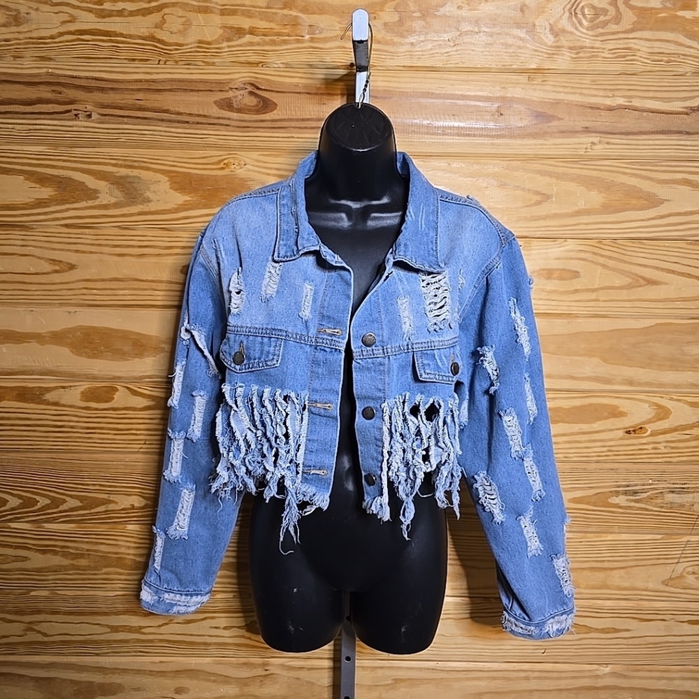 Touch Me Distressed Denim Fringe Jacket Size 1X